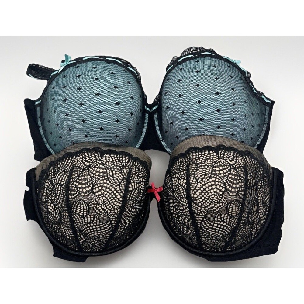 Cacique 42 DD Bras Blue Black Tan Lightly Lined Balconnette Underwire Lot Of 2